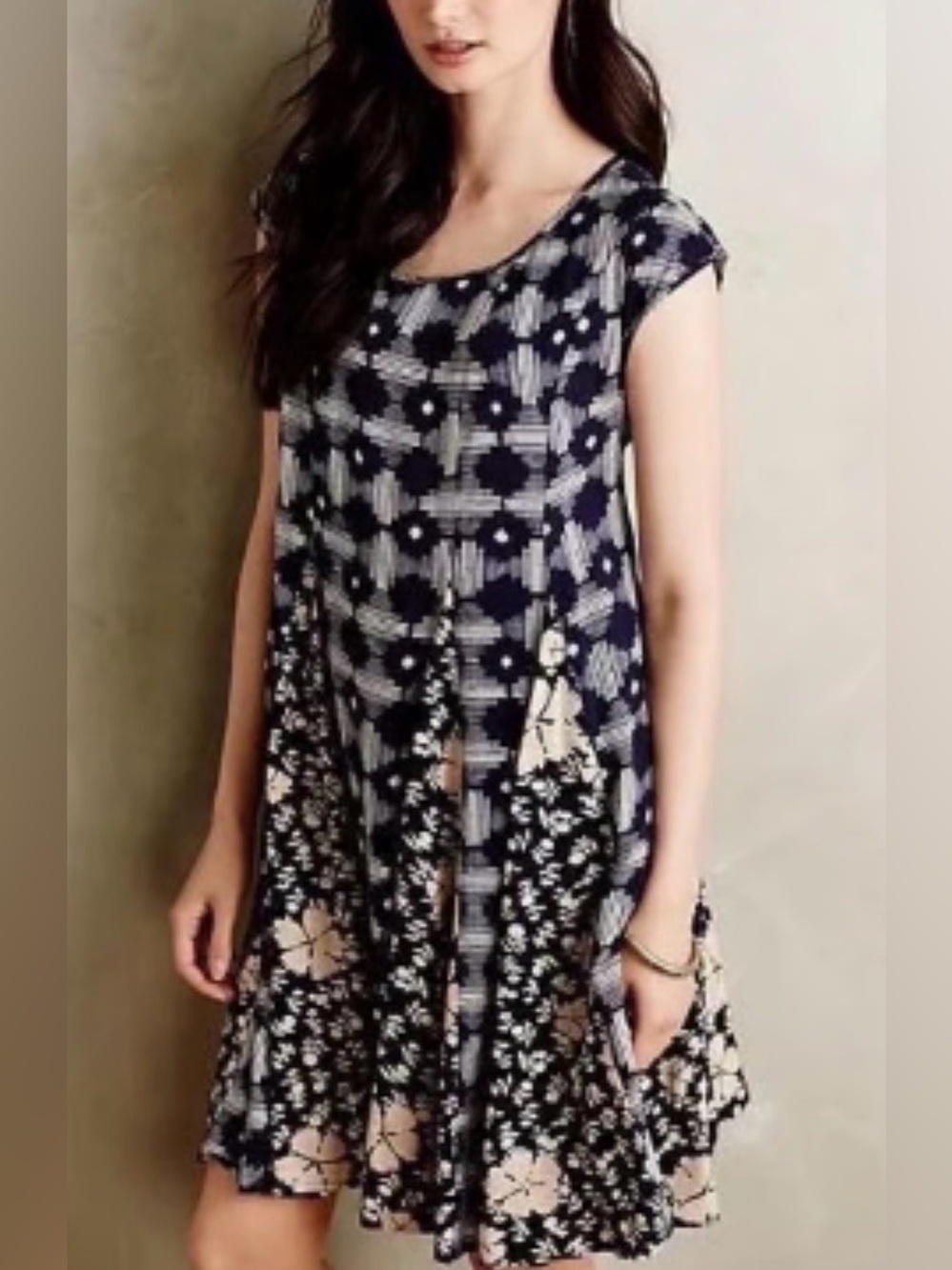 Maeve Anthropologie Mixed Print Fit & Flare Lace Up Back Dress S